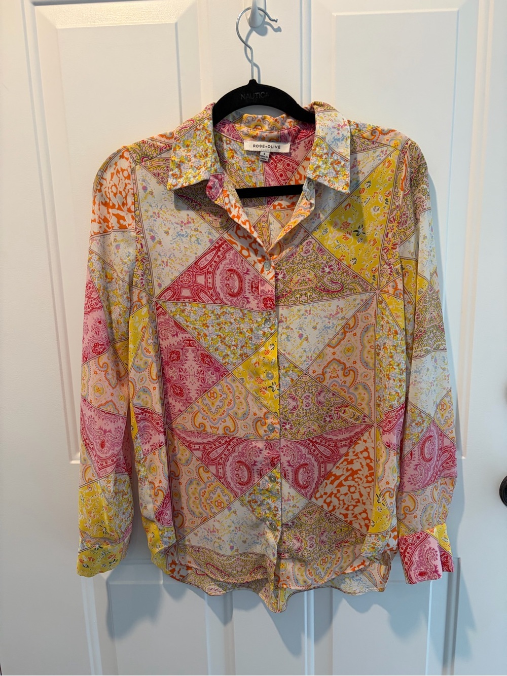 Rose & Olive Multi-Color Patchwork Paisley Button-Up Blouse size S